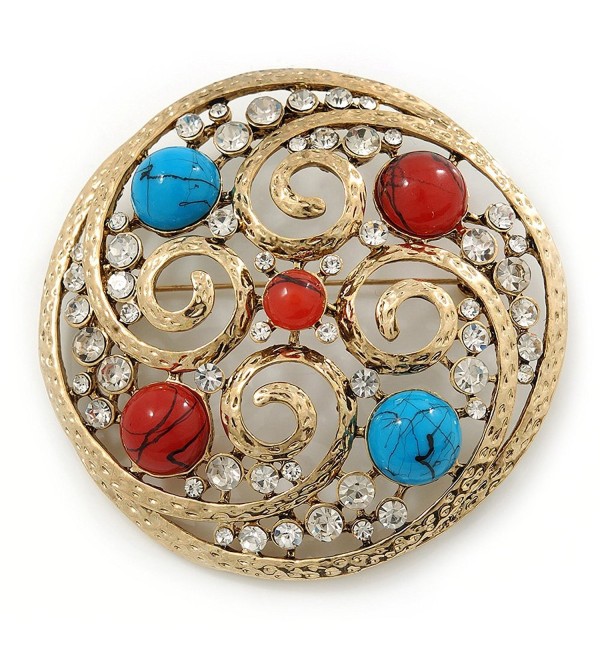 Large Vintage Round Turquoise Stone- Crystal Brooch (Gold Tone) - 67mm Diameter - C2115CWWA3H