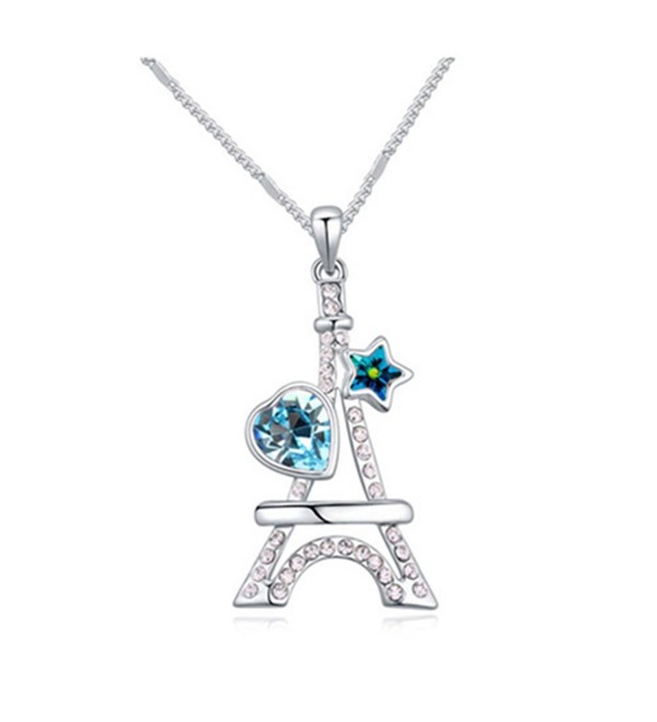 White Gold Plated Eiffel Tower Heart Star Cut AAA Swarovski Elements Sea Blue Austrian Crystal Pendant Necklace - CQ120IZORFH