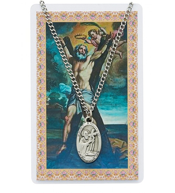 Saint Andrew 1-inch Pewter Medal Pendant Necklace with Holy Prayer Card - CF117J9GROF