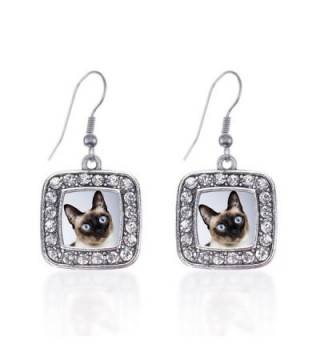 Inspired Silver Siamese Cat Classic Charm Earrings Square French Hook Clear Crystal Rhinestones - CC124J1B079