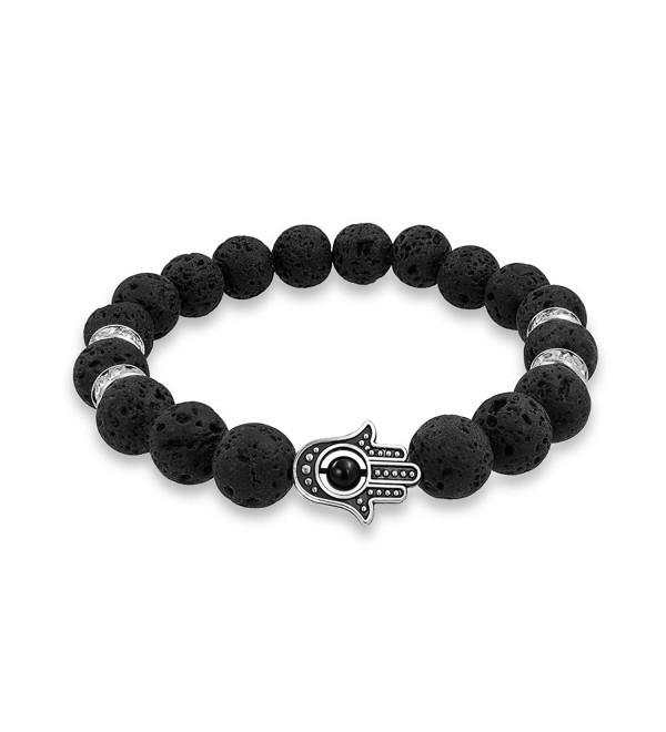 Hamsa Hand Lava Rock Onyx Stretch Beads Energy Bracelet - CQ12HTI0ECV