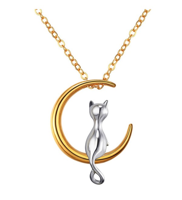 U7 Cat Moon Necklace 18K Gold Plated Cat and Moon Collar Necklace Pendant- 22" - CM17WWCI84A