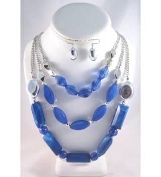 New 3 Row Rhodium Chain Necklace with Blue Beading & Matching Earrings - C511HCIAY4V