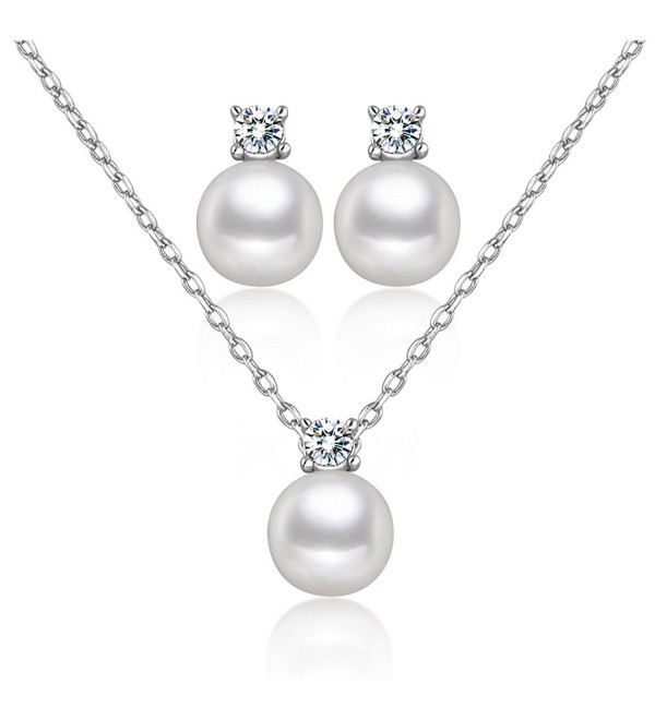 Dnswez 10mm Simulated White Pearl Crystal Pendant Necklace and Stud Earrings Wedding Jewelry Set - CQ12IYP8CPT