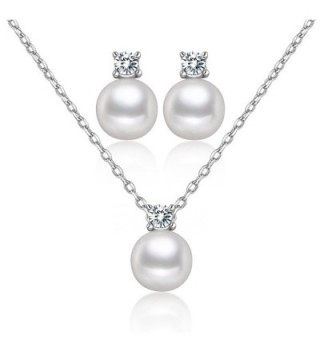 Dnswez 10mm Simulated White Pearl Crystal Pendant Necklace and Stud Earrings Wedding Jewelry Set - CQ12IYP8CPT