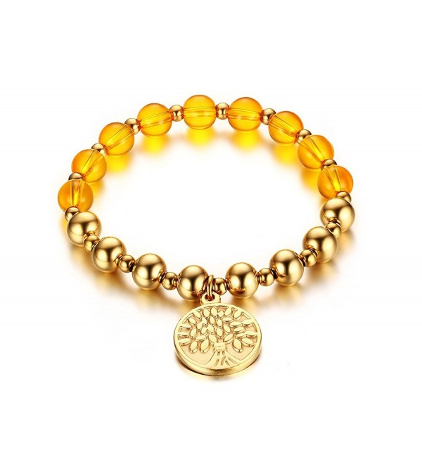 Vnox 18K Gold Plated Stainless Steel Beads Tree of Life Charm Stretch Bracelet - C112MF5I263