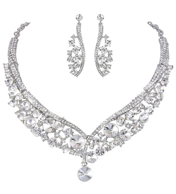 EVER FAITH Round Austrian Crystal Gorgeous V-Shaped Wedding Necklace Earrings Set - Silver-Tone Clear - CH1206VX92F