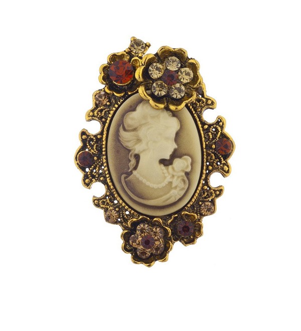 Lux Accessories Antique Vintage Cameo Brooch Burnished Metal Pave Stones - Brown Cameo Burnished Gold - CV12OC28U70