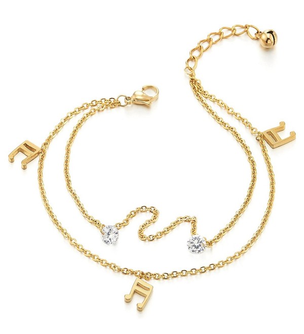 Steel Gold Color Two-row Anklet Bracelet with Dangling Charms of Music Note and Cubic Zirconia - CU18443UYIQ