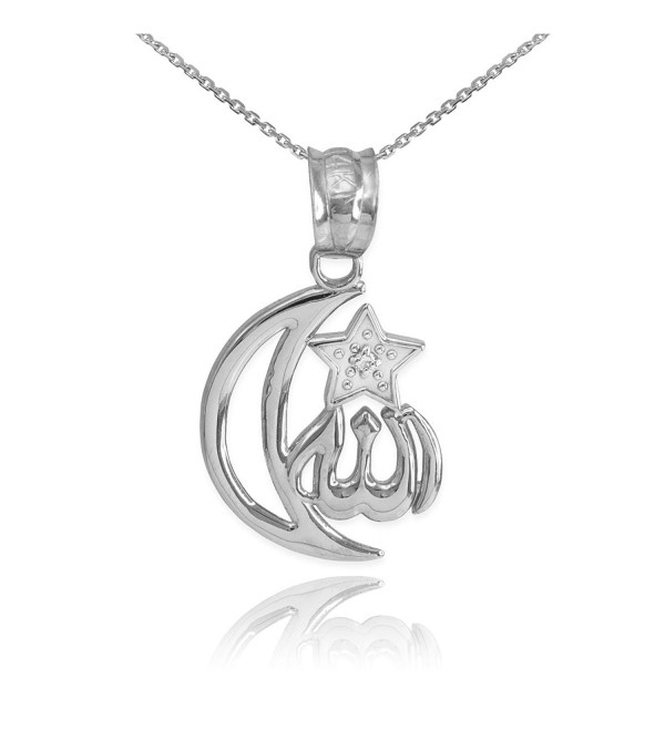 925 Sterling Silver CZ-Accented Islamic Star and Crescent Moon Allah Pendant Necklace - CK11Q14RYMN