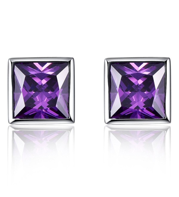 Merthus Womens 925 Sterling Silver Created Pink Topaz Princess Cut Stud Earrings - purple - CE186H7T638