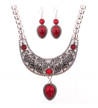 Yazilind Moon Carve Flower Pattern Turquoise Waterdrop Pendant Tibetan Silver Bib Necklace Earrings Set - Red - CY11IL4TQV3