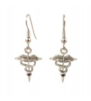 Surgical Steel Dangle Earrings Caduceus Silver Tone - C011P6EEH3D