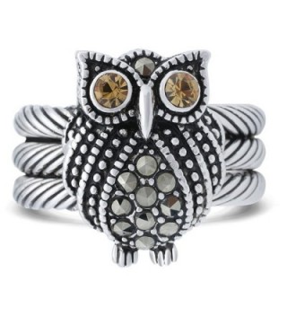 JanKuo Jewelry Black Rhodium Plated Owl with Champagne Color CZ & Marcasite Stones Ring - CB11EJBR4XT