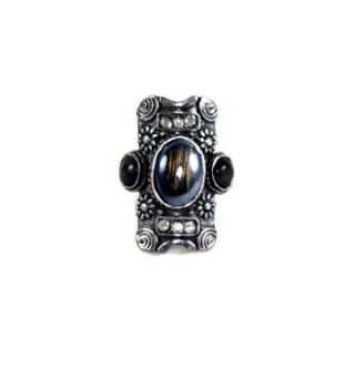 B You Adjustable Silver Tone Black with Gold Sheen Center Stone Gothic Ornate Rectangle Statement Big Ring - C617YTS765U