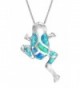 Sterling Silver Simulated Blue Opal Lucky Frog Necklace Pendant with 18" Box Chain - CN11FUY5T6N