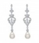 EVER FAITH 925 Sterling Silver CZ Freshwater Cultured Pearl Teardrop Chandelier Dangle Earrings - CM184A9QNME