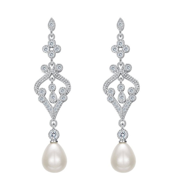 EVER FAITH 925 Sterling Silver CZ Freshwater Cultured Pearl Teardrop Chandelier Dangle Earrings - CM184A9QNME