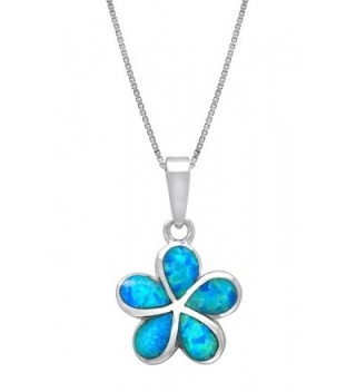 Sterling Silver Plumeria Flower Necklace Pendant with Simulated Blue Opal - CH11KX7NPCH