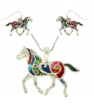 DianaL Boutique Colorful Enameled Horse Pendant Necklace and Earrings Set- 24" Chain - C611LFUZDNZ