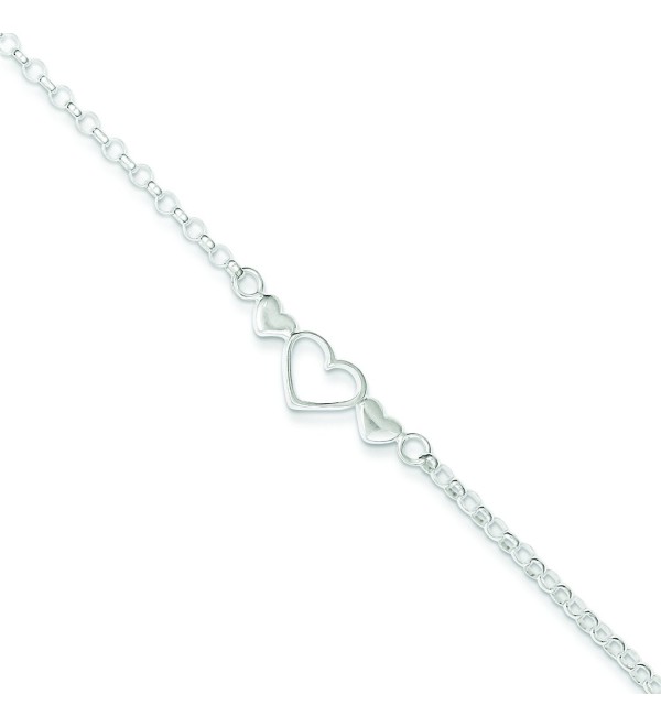 Sterling Silver 10inch Polished Triple Heart Anklet - CS11572A77X
