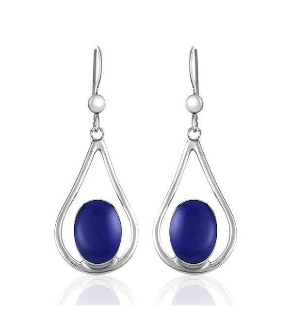 925 Sterling Silver Teardrop Blue or Blue-green Stone Dangle Earrings - Deep Blue - CF12EBNVSP9