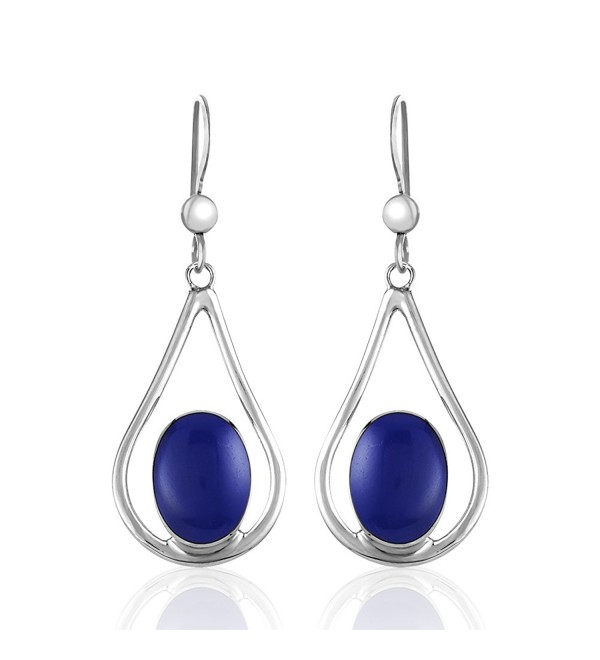 925 Sterling Silver Teardrop Blue or Blue-green Stone Dangle Earrings - Deep Blue - CF12EBNVSP9