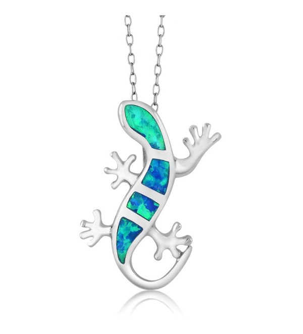 925 Sterling Silver Created Blue Opal Lizard Pendant with 18 Inch Silver Chain - CX12G8LQNCP