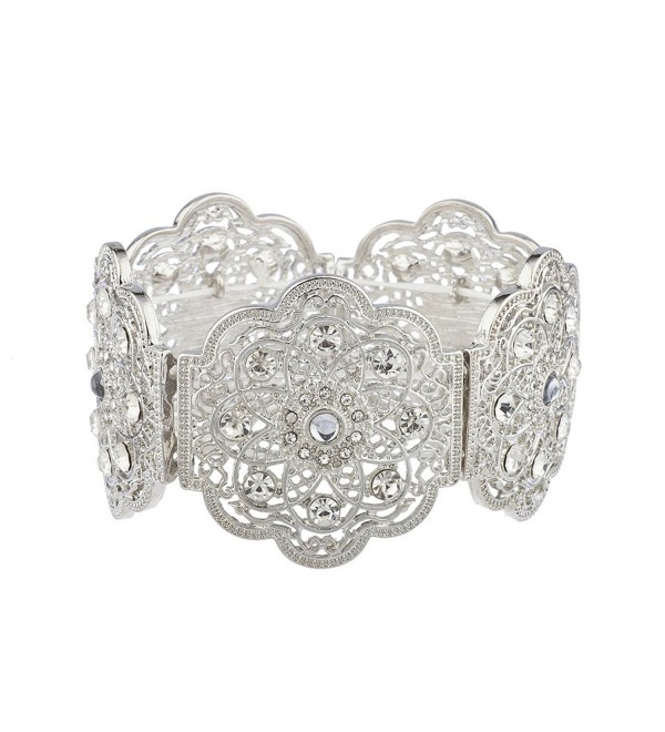 Lux Accessories Silvertone&Acirc Floral&Acirc Filigree Crystal Rhinestone Stretch Bracelet&Acirc - CQ17YHQGR9R