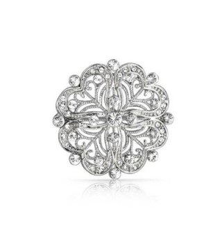 Bling Jewelry Vintage Style CZ Flower Pin Heart Brooch Rhodium Plated - C411D21S3H3