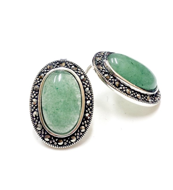 .925 Sterling Silver Oval New Jade with Marcasite Stud Earrings - CU11NZCWL8L