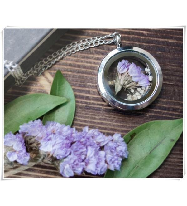Lavender statice flower locket- purple- baby breath- sterling silver- glass locket- terrarium- bridesmaid gift- - CV12MY1GQZ7