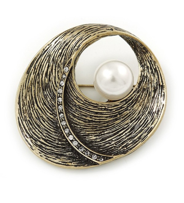 Vintage Inspired Textured- Crystal 'Shell' with Pearl Brooch In Antique Gold Metal - 45mm L - CC129M8JW3D