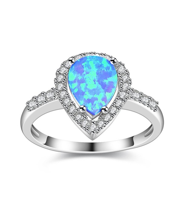 Dnswez Teardrop CZ Cubic Zirconia Fire Opal Ring Silver Statement Band Ring - Blue - CJ185O305T6