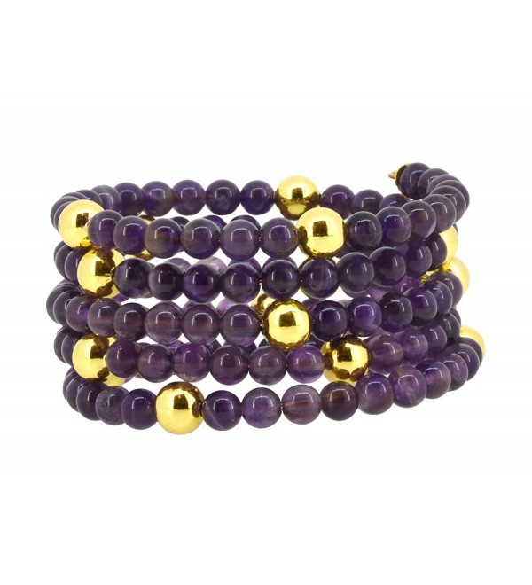 5 Row Memory Spiral Wire Brass Feather Charm Simulated Amethyst Beads Wrap Around Bracelet - CU1260B57YX