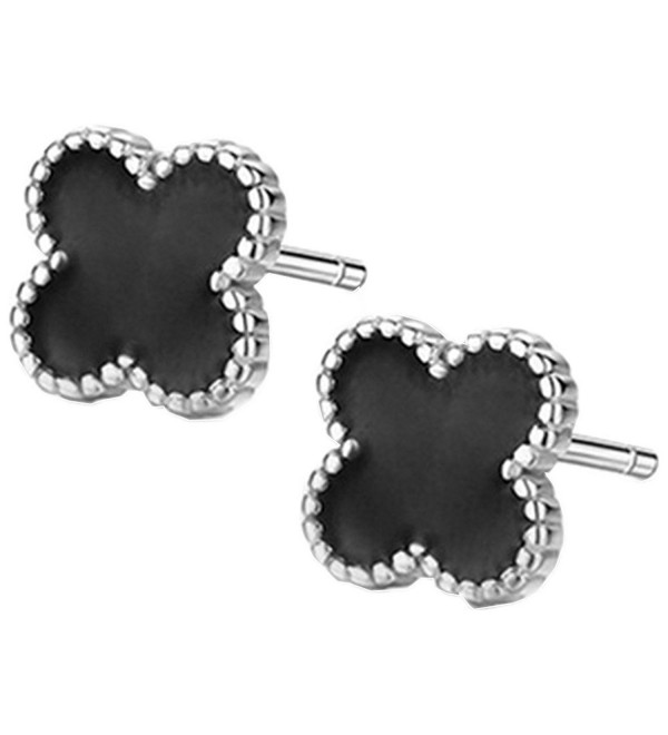 Sterling Silver Plated Black Onyx Agate Beads Sided Four Clover Flower Womens Stud Earrings - CT182LTIM8G