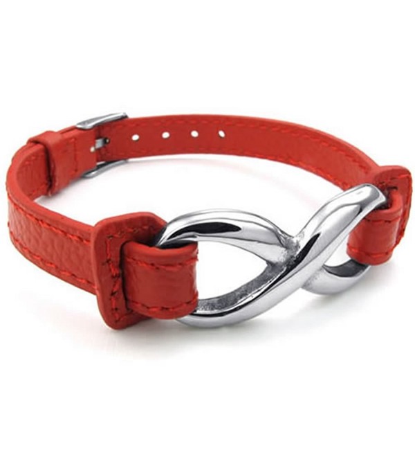 KONOV Womens Leather Stainless Steel Bracelet- Infinity Charm Cuff Bangle- Red Silver - C311JVLZQW3