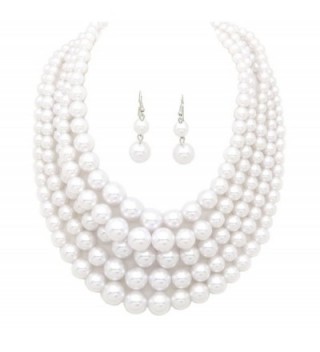 Women's Three or Five Multi-Strand Simulated Pearl Statement Necklace and Earrings Set - CD12O39E145