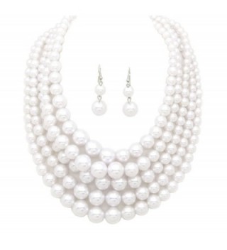 Women's Three or Five Multi-Strand Simulated Pearl Statement Necklace and Earrings Set - CD12O39E145