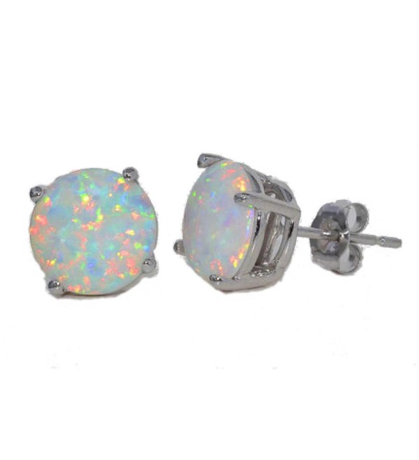 8mm Simulated Opal Round Stud Earrings .925 Sterling Silver Rhodium Finish - CE11B9O6HYV