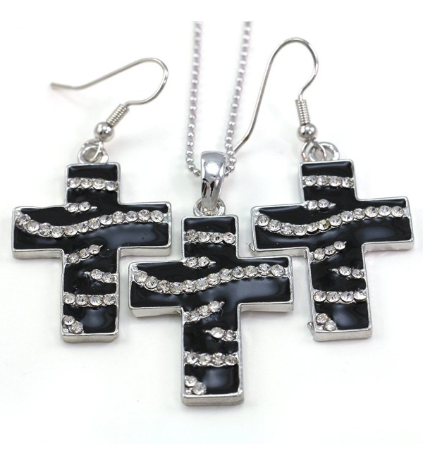 Black White Zebra Stripe Animal Print Christian Cross Pendant Necklace Dangle Earrings - C5110Q8GUCF