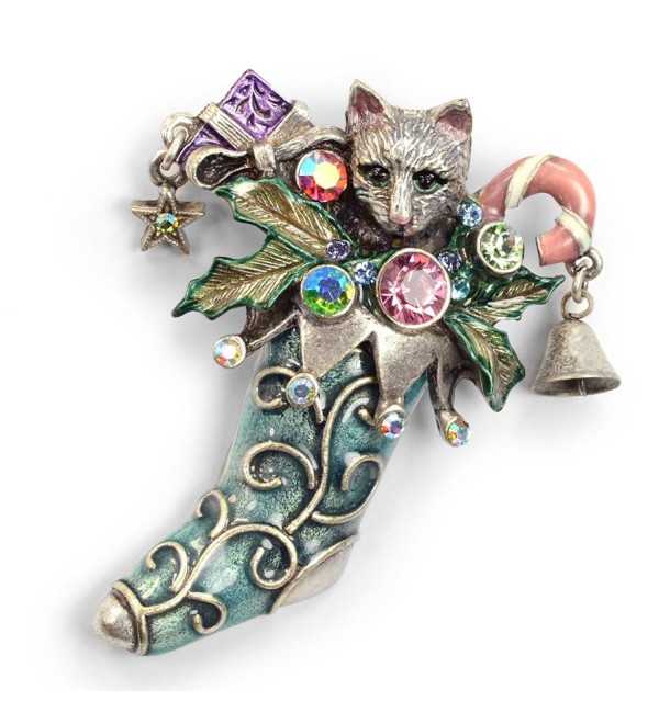 Cat Christmas Stocking Pin- Christmas Kitty Brooch (Silver and Bronze) - CV11HQ5ZL4T