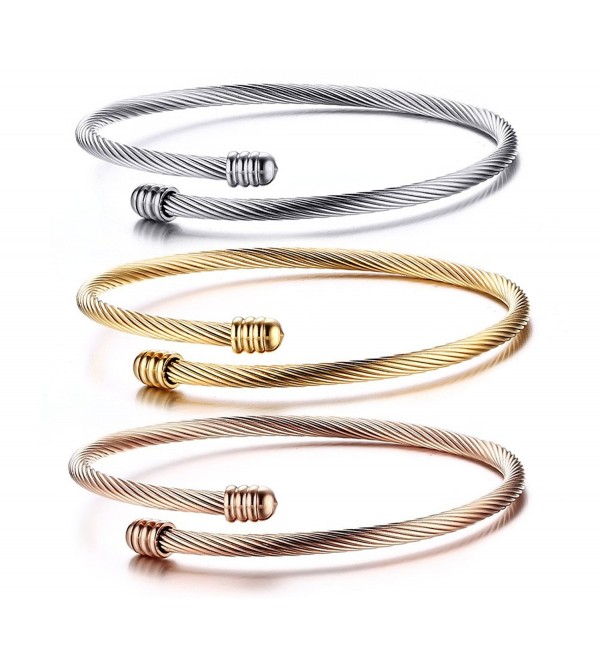 Fashion Stainless Steel Triple Three Stackable Cable Wire Twisted Cuff Bangle Bracelets Set for Women - C912F9KS2GB