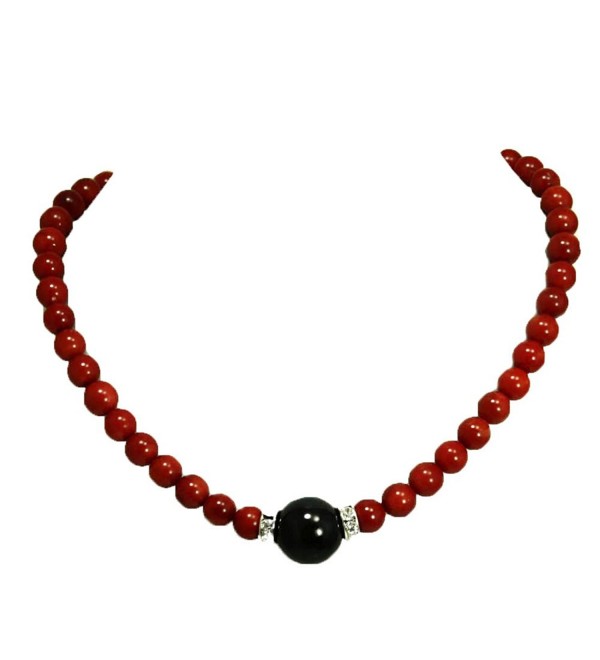 002 Ny6Design 7mm Red Coral Beads & 14mm Onyx Necklace w/Silver Plated Lobster Claw Clasp N13010112b - CM125MDQOQP