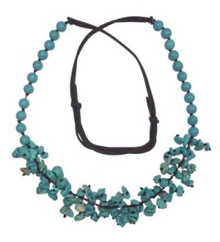 Long Imitation Turquoise Stone Chip Cluster Beaded Brown Cord Necklace - CK17YSAZQO4