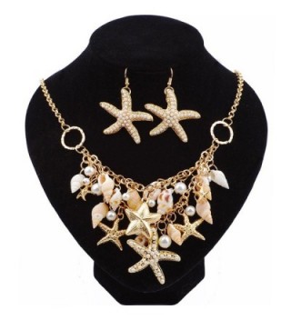 Womens Artificial Golden Starfish Real Shell Artificial Pearl Nautical Necklace Set Earrings for Vacation - CD185E2LCOY