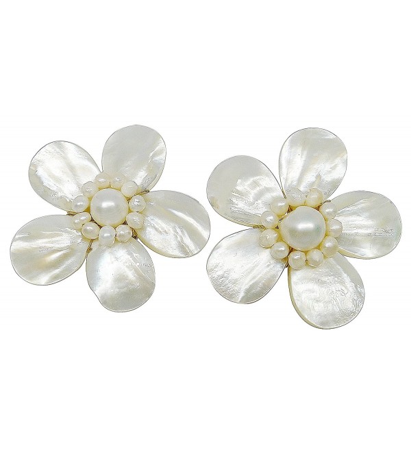 Bijoux De Ja Handmade White Shell Pearl Pollen and Mother of Pearl Flower Clip-on Earrings - CA11EMX1SQN