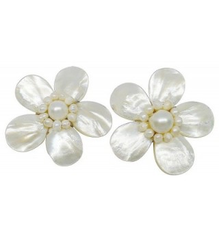 Bijoux De Ja Handmade White Shell Pearl Pollen and Mother of Pearl Flower Clip-on Earrings - CA11EMX1SQN