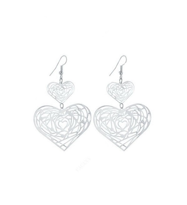 IDB Delicate Filigree Dangle Double Heart Drop Hook Earrings - available in silver and gold tones - Silver tone - CV189TMU2S5