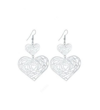 IDB Delicate Filigree Dangle Double Heart Drop Hook Earrings - available in silver and gold tones - Silver tone - CV189TMU2S5